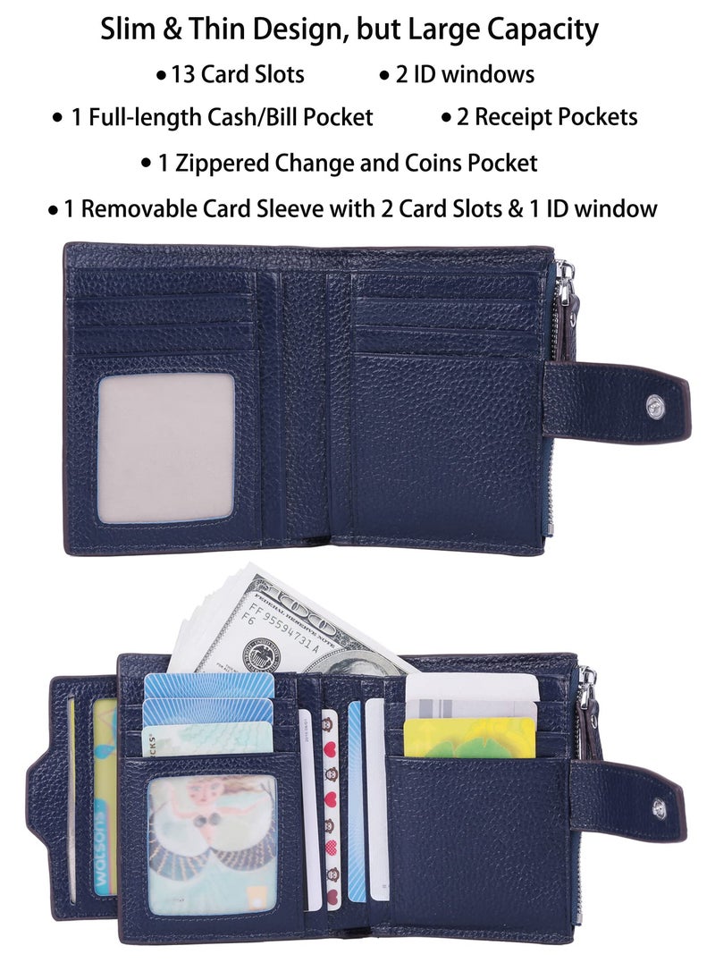 AINIMOER Women's RFID Blocking Leather Small Compact Bi-fold Zipper Pocket Wallet Card Case Purse with id Window (Lichee Navy Blue) - Image 2